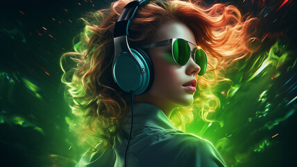 schöne Frau mit Sonnenbrille und Kopfhörer beim Musik hören in cooler sexy Pose. Gehalten in Neonfarben grün und rot orange bei dramatischem Licht + Lichteffekt. Querformat. Generative Ai.