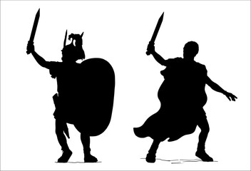 Roman general and imperator Gaius Julius Caesar with roman centurion. Warriors silhouette vector drawing.