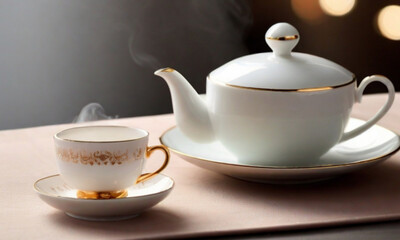 Elevate your tea time ritual with elegance. A white porcelain teacup emits aromatic steam on a matching saucer with a modern porcelain kettle. Practice calm maturity.