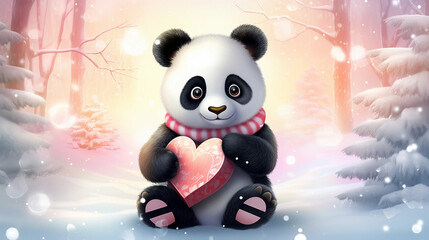 panda bear with a heart  gift in the snow
