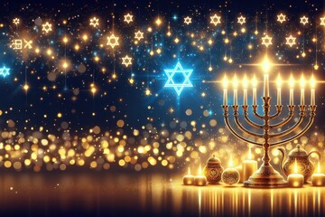 Fototapeta na wymiar Image jewish holiday Hanukkah with menorah traditional candelabra and candles on a dark background with bright bokeh