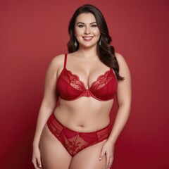 Sweet plump woman in red lingerie over red background