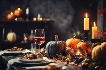 Fototapeta na wymiar Thanksgiving table setting with pumpkin