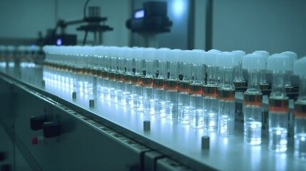 Pharmaceutical Machine at Work, Filling Pharmaceutical Glass Bottles.
