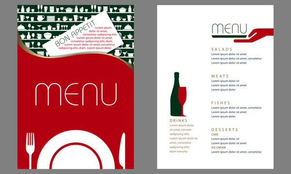 Menu décoré avec des pictogrammes d’objets de cuisine au couleurs de Noël, rouge et vert, symbole une cuisine simple et variée pour les fêtes.