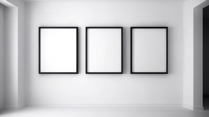 Three empty picture frames hanging on a blank wall.