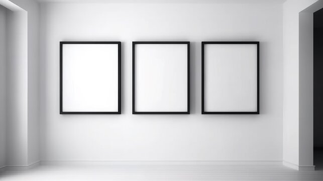 Three empty picture frames hanging on a blank wall.