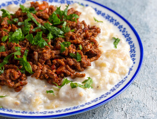 Turkish Ali Nazik Kebab with Yogurt, Minced Meat and Roasted Eggplant or Aubergine Kebap.