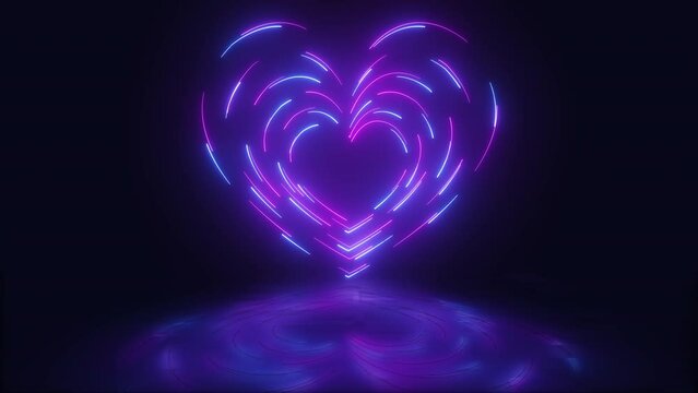 3d animation, neon lines glowing heart illuminated in dark background. Seamless loop