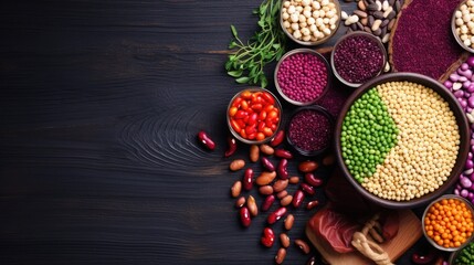 Obraz na płótnie Canvas Variety of legumes, beans, peas, lentils, beans in bowls on black wooden background.
