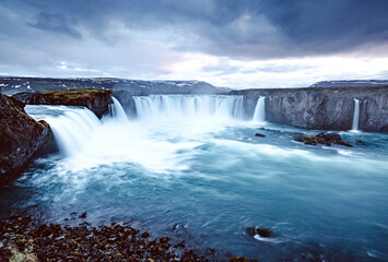 Great view of powerful Godafoss cascade. Location Iceland, Europe.