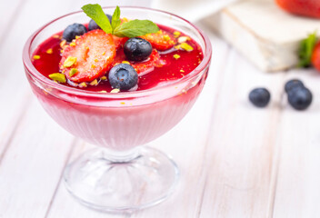 Strawberry Cream Dessert with some blueberries, strawberry pudding