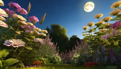 Obraz na płótnie Canvas A 3D rendering of a garden blooming with flowers under the moonlight in a low-angle view