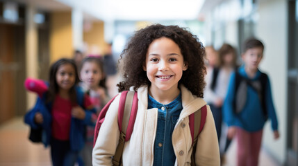 Group of smiling, diverse school children with backpacks walking down a school hallway, looking happy and engaged with each other.