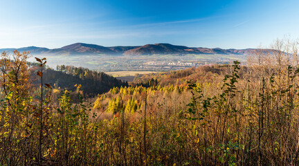 Trinec city with Moravskoslezske Beskydy mountains on the background in Czech republic during autumn morning - obrazy, fototapety, plakaty
