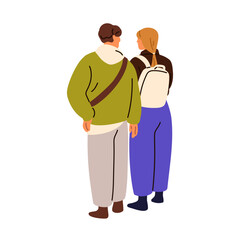 Young couple, man and woman standing together, talking, view from behind, back. Two male and female friends characters, people waiting, speaking. Flat vector illustration isolated on white background
