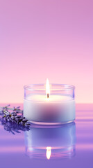 Obraz na płótnie Canvas Candle in water with lavender, minimalist composition. Lilac color background. Zen atmosphere. SPA and relaxation advertisement concept.
