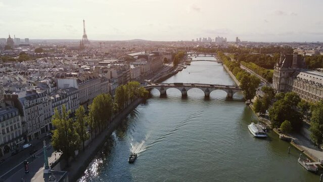 boat cruise on Seine river in Paris, France, aerial view of Paris