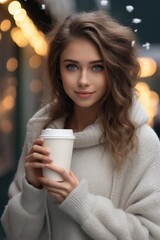 Young beautiful woman with cup of coffee in the city at winter time
