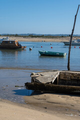 View on Arcachon Bay with many fisherman's boats and oysters farms near Le Phare du Cap Ferret, Cap Ferret peninsula, France, southwest of Bordeaux, France's Atlantic coastline