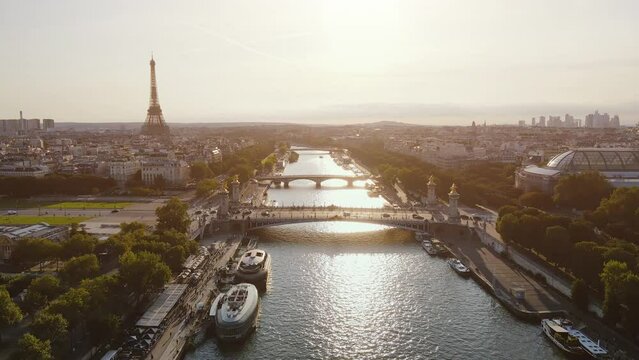 Paris, France aerial view, Paris cityscape at sunset with Eiffel tower