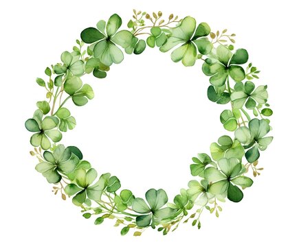 Round frame of shamrock and four-leaf clover for St. Patrick's Day, in watercolor style, isolated on a white background.