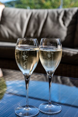 WIne tasting. Production of cremant sparkling wine in south part of Luxembourg country on bank of Moezel, also known as Mosel, Moselle or Musel river.