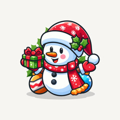 Fototapeta premium Vector cute snowman christmas with santa hat vector illustration. Ai Generated