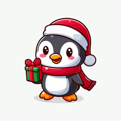 hand Drawn cute Christmas Penguin with christmas gift in hand. Ai generated
