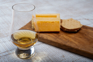 Scotch whiskey and cheese pairing, British cheeses collection, Scottish coloured and English...