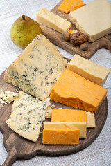 Fototapeta premium English cheeses collection, mature and coloured cheddar cheese and semi-soft, crumbly old stilton blue cheese close up