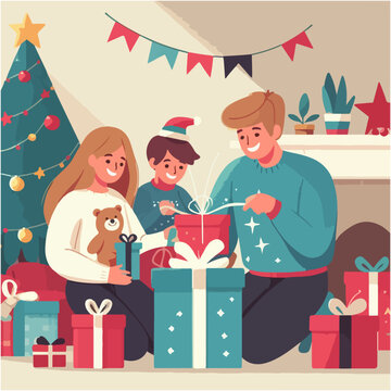 Flat vector illustration of family with christmas presents, family celebrating Christmas, Ai generated
