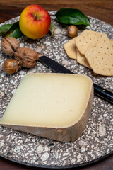 Piece of tasty Ossau-Iraty or Esquirrou sheep cheese produced in south-western France, Northern Basque Country