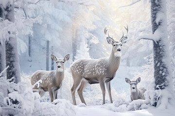 Family of deer in a snowy winter forest