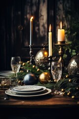 Fototapeta na wymiar Christmas table setting with winter decoration