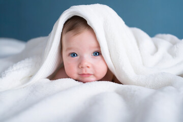 Fototapeta na wymiar lovely baby wrapped in white towels smiling at camera. advertisement space.blue eyes