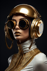 woman dressed in gold and wearing headphones, pop art bright colors, azure and amber, lens flares