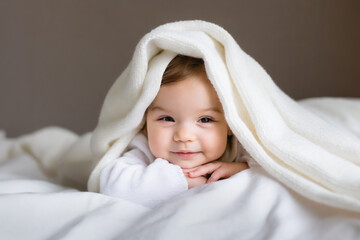 lovely baby wrapped in white towels smiling at camera