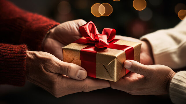Close-up of a man giving a woman a gift in gift wrapping. A couple in love on a date in a romantic atmosphere. Holiday concept, day of love.