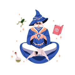 Magician, mystic character. Cool sassy mage, old wizard in sunglasses, hat. Fairy man, warlock, sorcerer. Sorcery, witchcraft and wizardry. Flat vector illustration isolated on white background