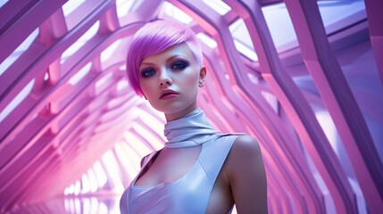 futuristic woman in front of a science fiction backdrop
