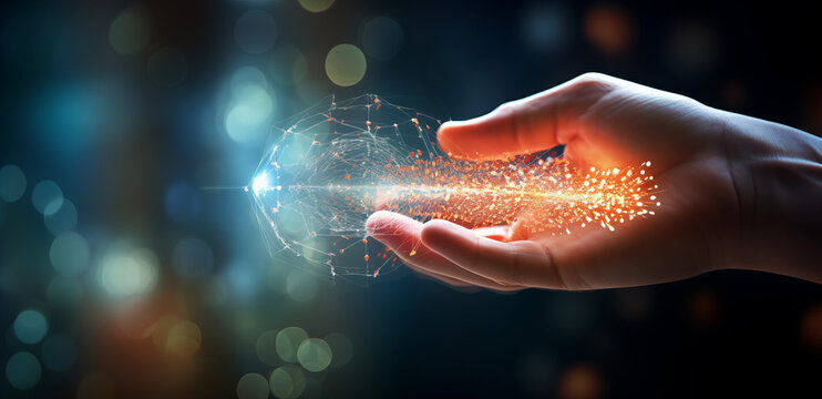 Innovative Technology Concept - Hand Interacting with Holographic DNA Strand