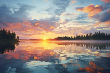 Breathtaking Lake Sunrise with Vibrant Sky Reflections - Serene Morning Landscape
