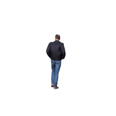 Homme vu de dos, il marche les mains dans les poches, il porte une doudoune de couleur noire, arrière-plan transparent 