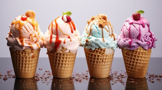 Closeup image of four ice cream cones with different flavours and berries.