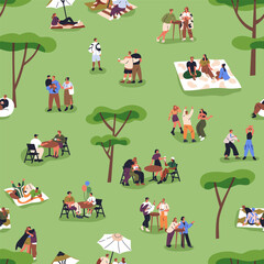 Open-air street festival, seamless pattern. Endless background, print with tiny people relaxing at outdoor fest in park, nature on summer holiday. Flat vector illustration for textile, decoration
