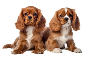 Cavalier King Charles Spaniel dog puppy couple cutout on transparent background.