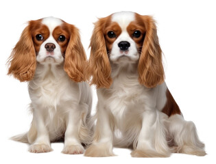 Cavalier King Charles Spaniel dog puppy couple cutout on transparent background.