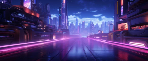 Foto op Plexiglas Vibrant Neon Cyber City at Dusk - Sci-Fi Urban Landscape with Luminous Streets © Stefan
