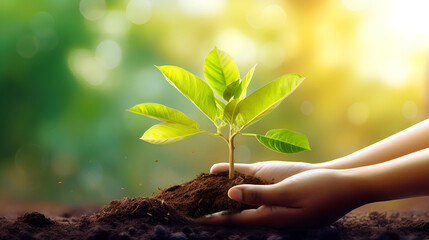 hands holding a plant,Harmony with Nature: Growing Trees and Celebrating Earth Day.AI Generative 